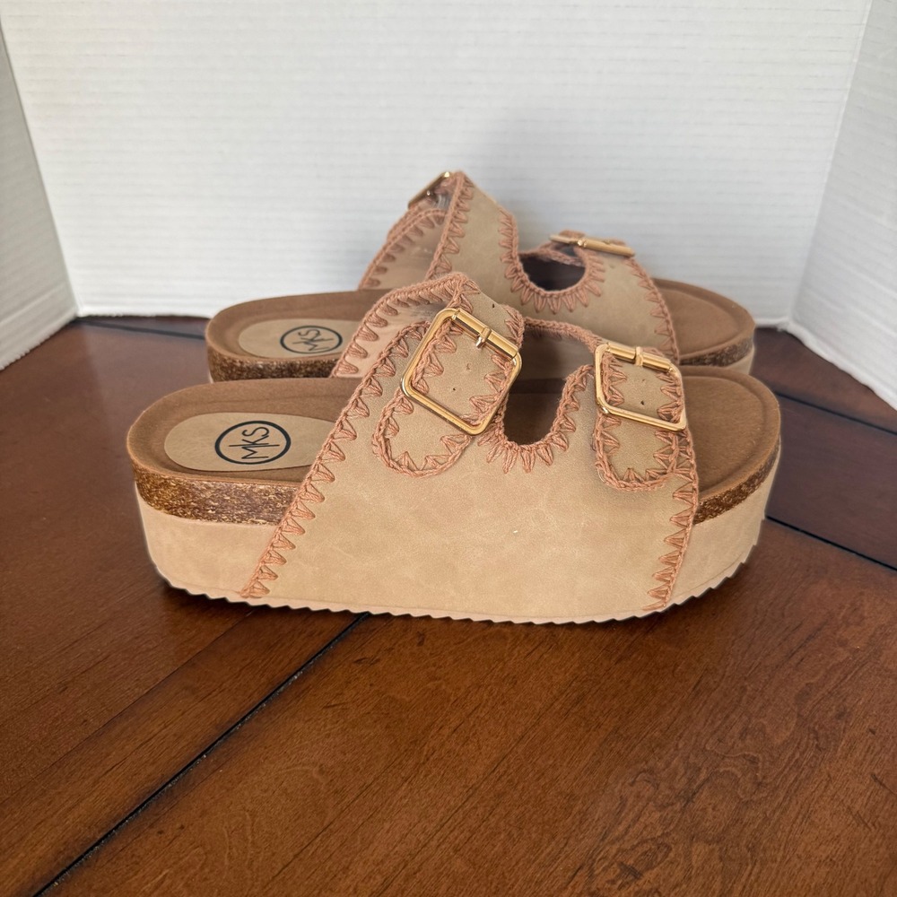 MKS Womens Tan Whipstitch Double Buckle Platform Slide Sandals Gold 9 NWOT